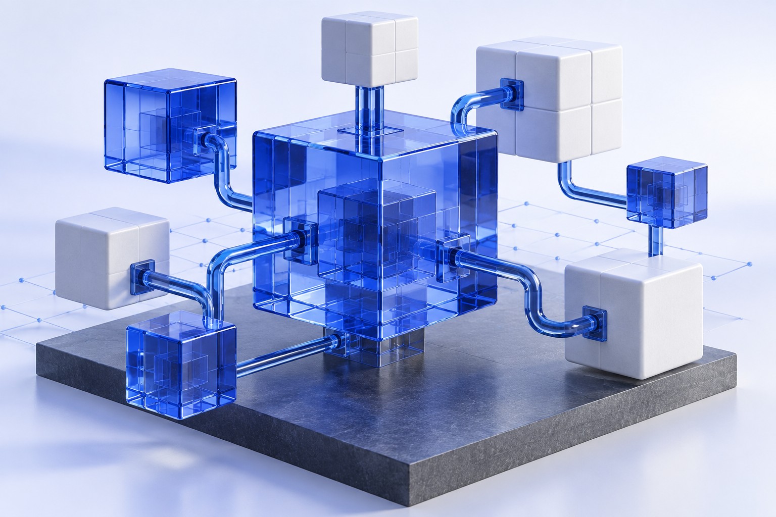 Concept illustration of interconnected blue glass and white modules