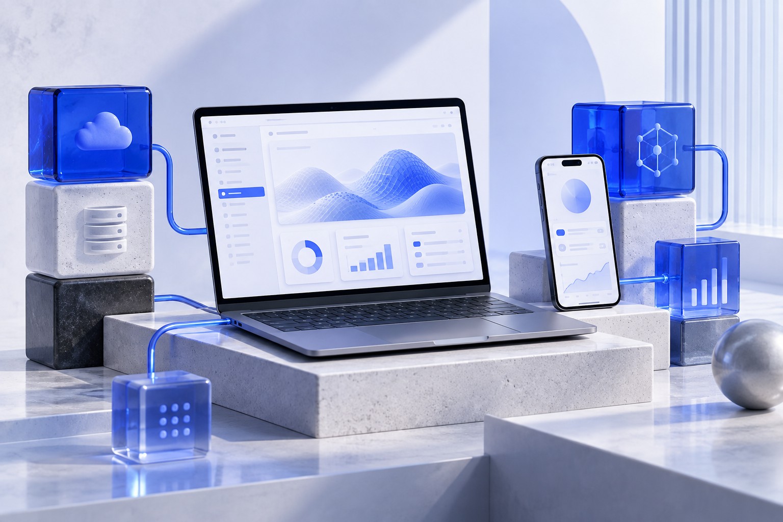 Concept illustration of web and mobile software connected to cloud and data modules